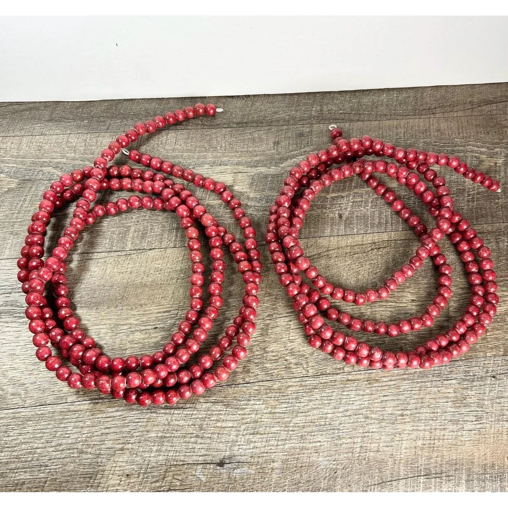 Primitive wooden red bead garland 2 strands 8'9